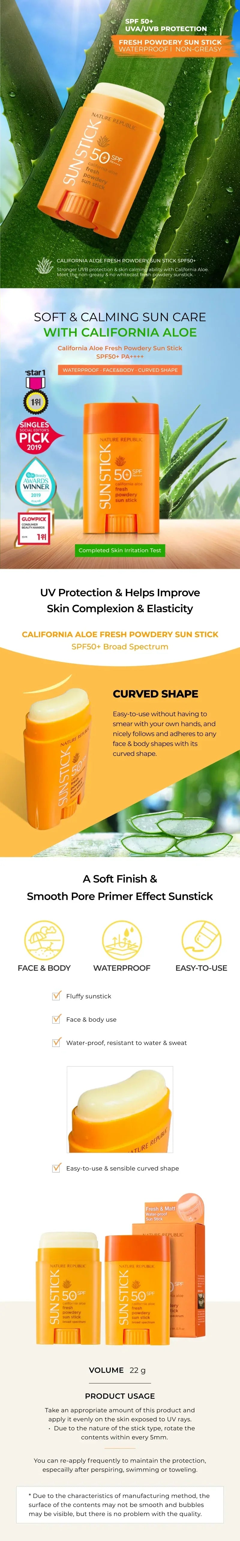 NATURE REPUBLIC California Aloe Fresh Powdery Sunstick Broad Spectrum SPF50+ PA++++ - Gallery 1